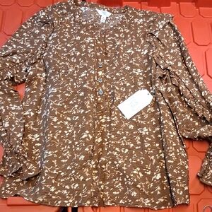 Time and Tru Brown Floral Button-Down Blouse with Ruffles on sleeve and shoulder